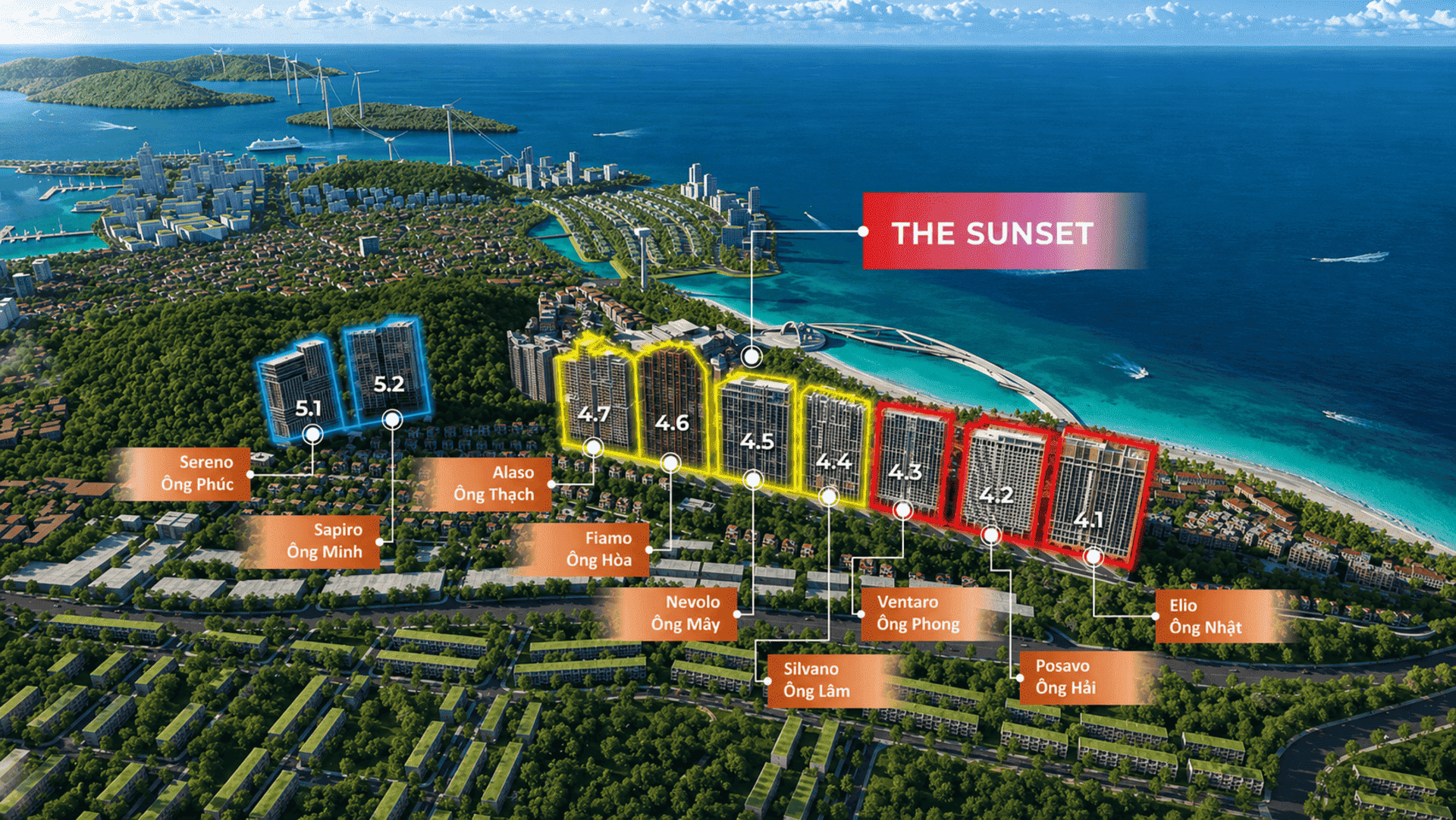 Diện mạo mới nhất của The Sunset Phú Quốc với các hạng mục hạ tầng và cảnh quan đang được hoàn thiện tỉ mỉ. Chín tòa tháp căn hộ được đặt tên theo các vị thần bảo hộ tạo nên một bản đồ năng lượng hài hòa.